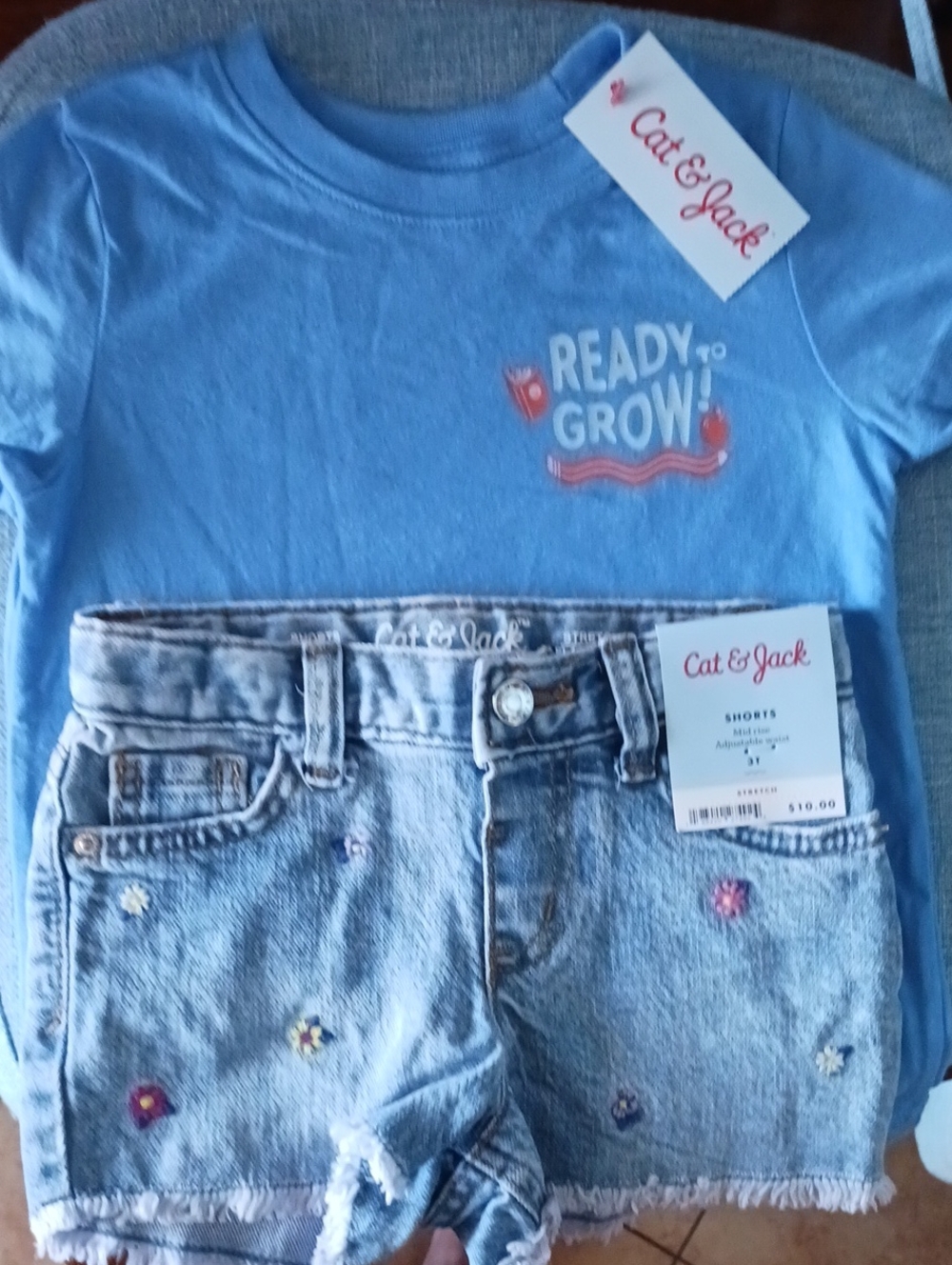 NEW 2/$10 Cat & Jack Blue 'Ready to Grow' Tee and Embroidered Denim Shorts